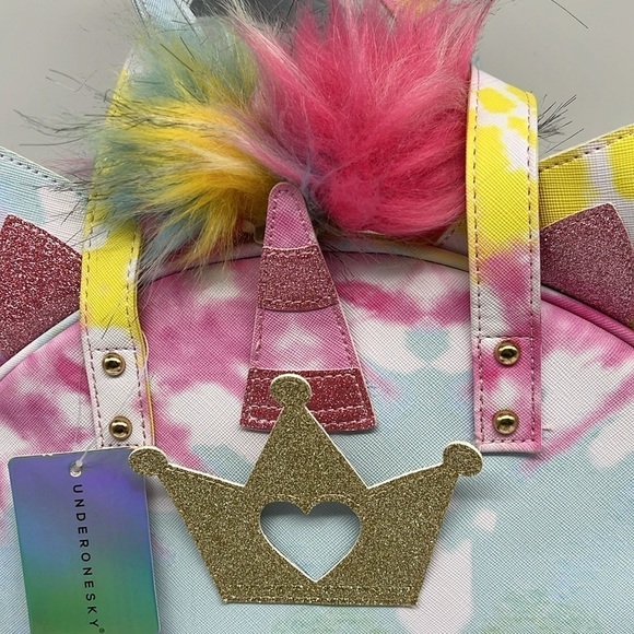 Under‎ One Sky Pastel Tie Dye Princess Unicorn with Poms Pointed Ears Purse Bag - Picture 7 of 10